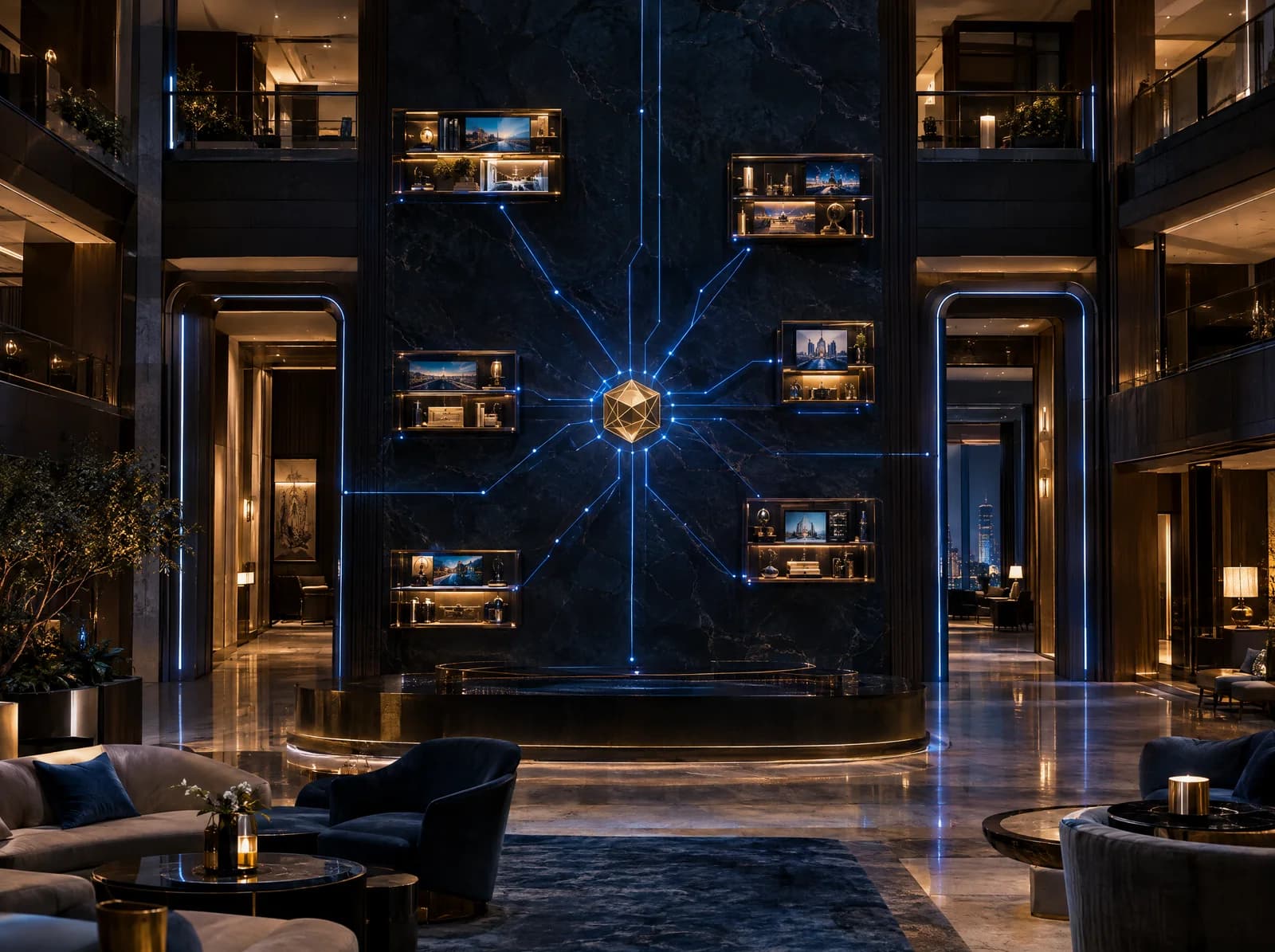 Existing blue intelligence connections integrated into a hotel atrium around a gold core.
